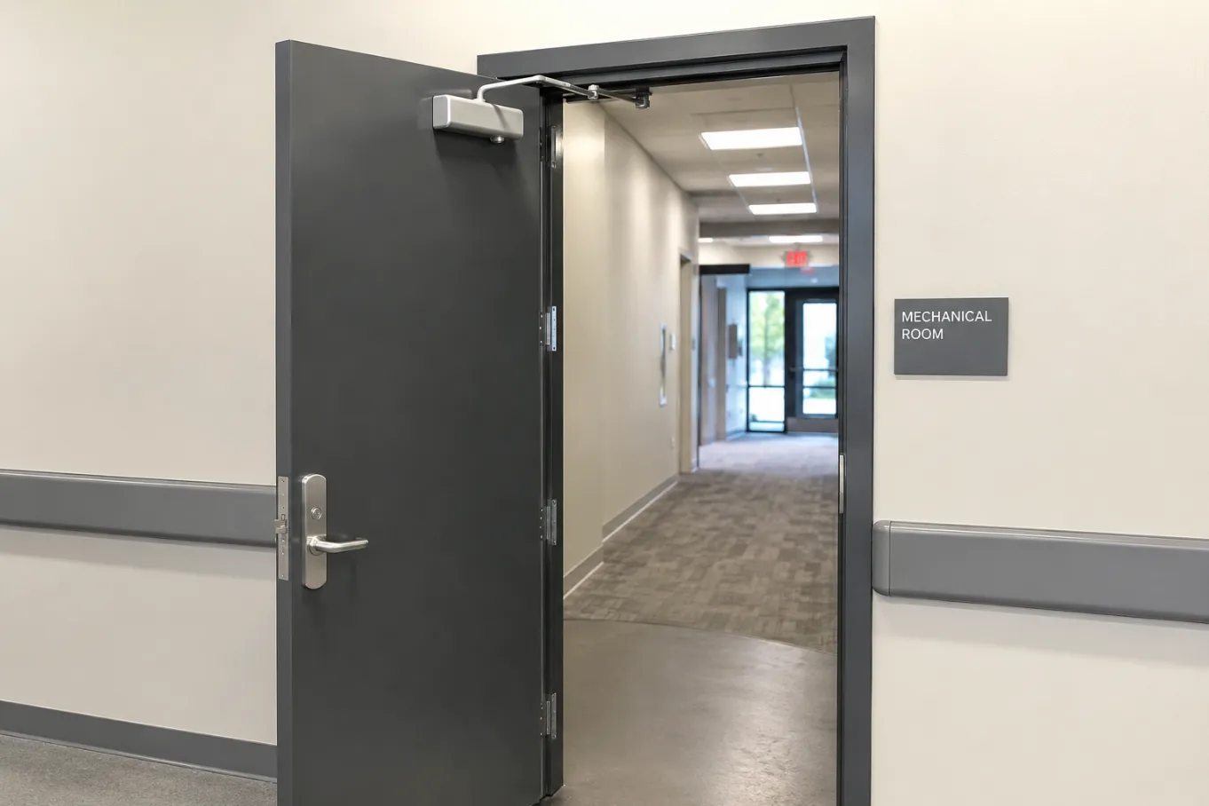 Gray hollow metal door and frame assembly with a door closer at a mechanical room opening