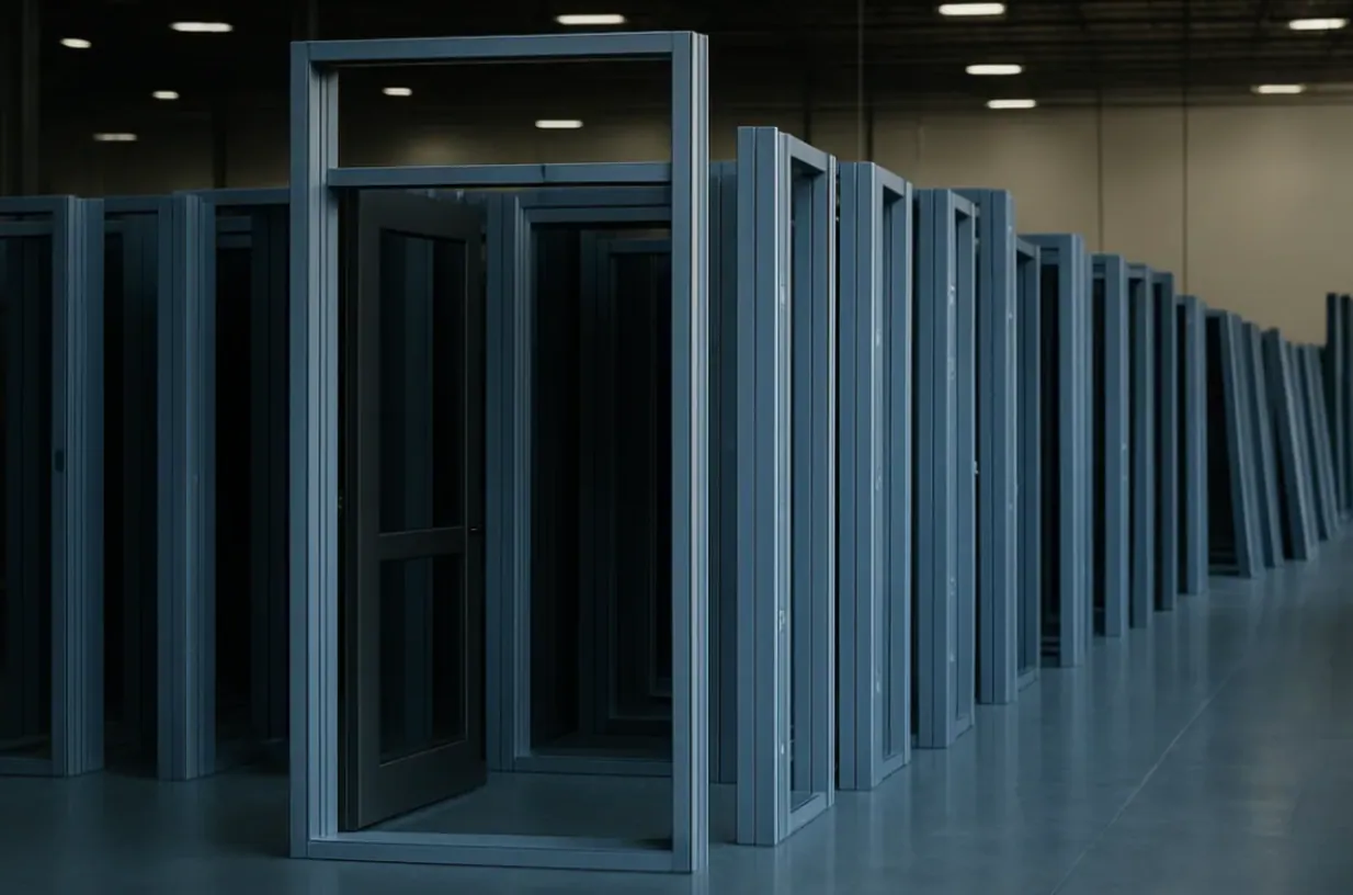 Rows of metal door frames standing in a warehouse